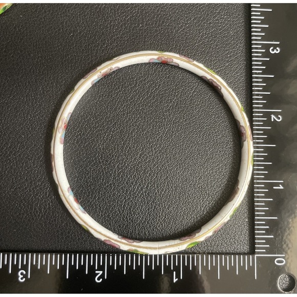 Vintage Cloisonne Floral Bangle Bracelet Set of 2 Enamel White Brown Gold Tone - Picture 11 of 14